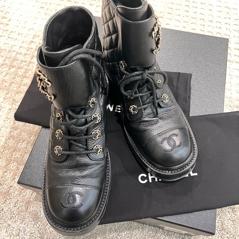 Chanel Shiny Goatskin Combat Boots 37.5